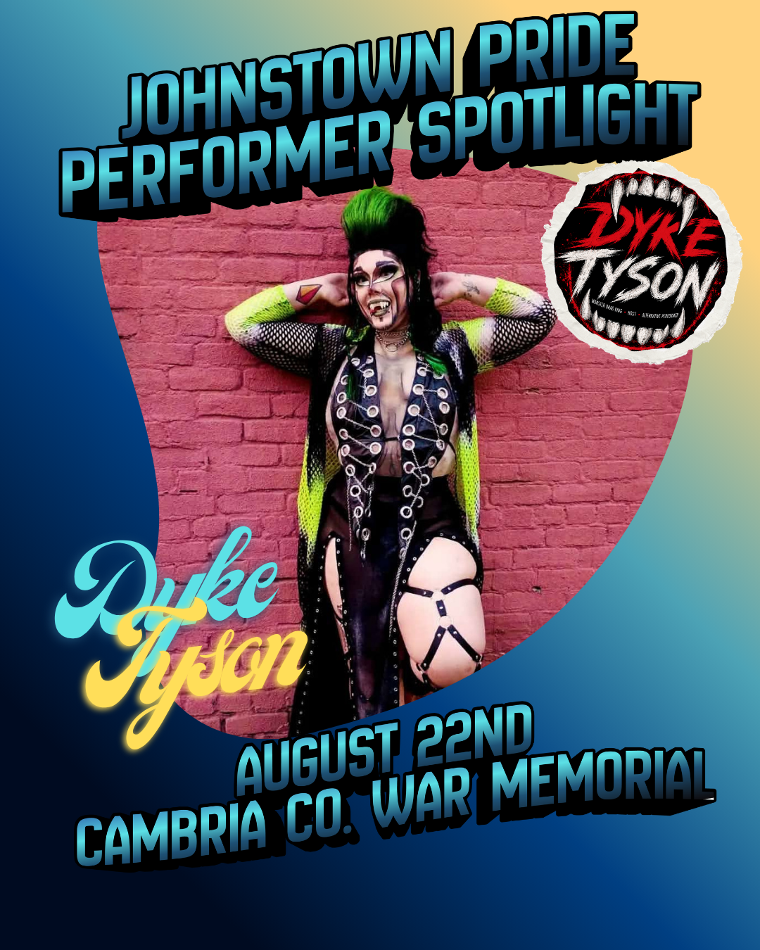 Drag king Dyke Tyson featured in the Johnstown Pride 2026 performer spotlight